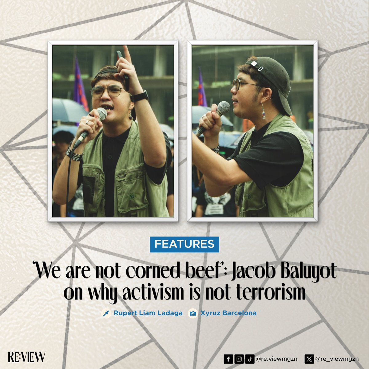 re_viewmgzn's tweet photo. FEATURE | ‘We are not corned beef’: Jacob Baluyot on why activism is not terrorism

The phrase appears in comment sections, social media posts, and sometimes in casual conversation of people on the internet scrolling past news of rallies and mobilizations.

Two words: Corned beef https://t.co/XtjagPiNRB