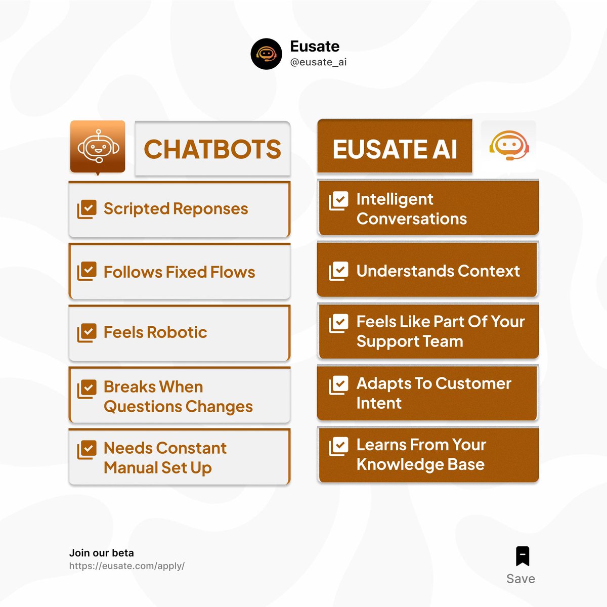 eusate_ai's tweet photo. Chatbots follow scripts, Eusate understands conversations. 
There’s a difference. Choose Eusate today. 
https://t.co/Ws3KvL1uQf https://t.co/juFS0AkCbu