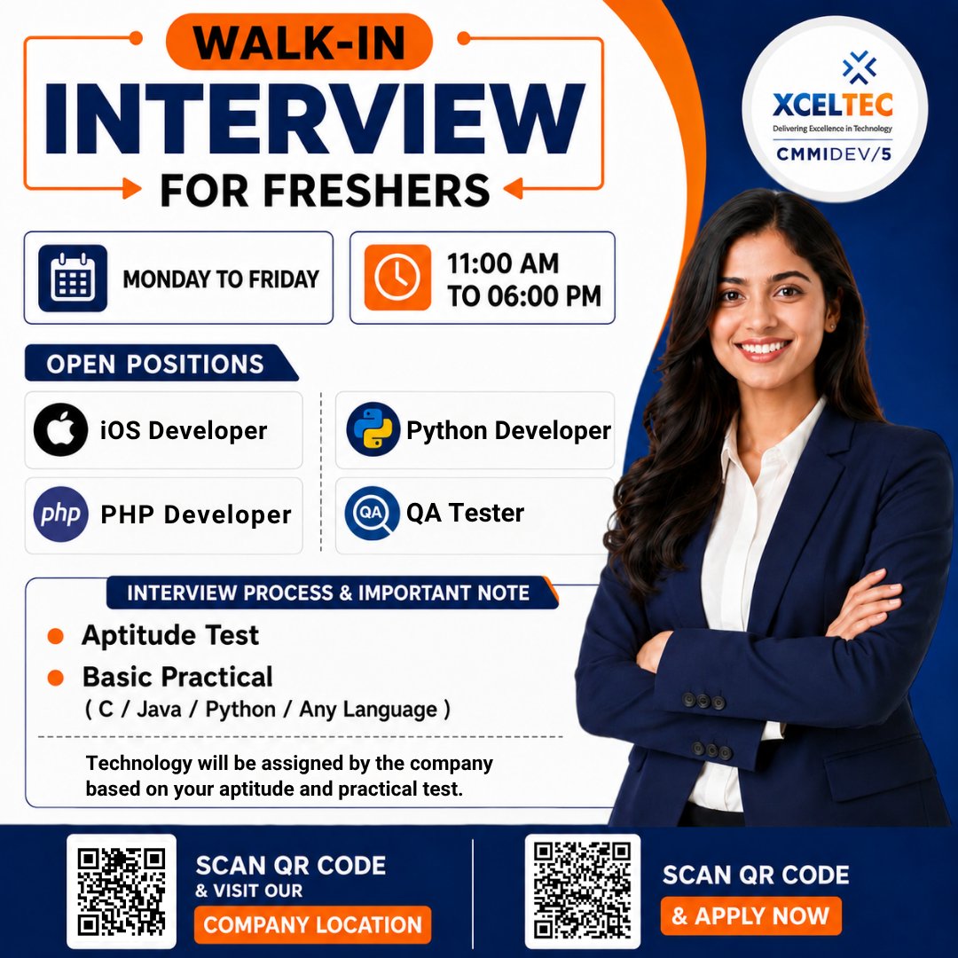 XcelTec's tweet photo. Walk-In Interview for Freshers at XcelTec!

Hiring: iOS, PHP, Python Developers &amp; QA Testers
🕚 Mon–Fri | 11 AM–6 PM
Start your IT career with real projects &amp; growth opportunities.
Apply now: https://t.co/ooR0hzAc7w
#WalkInInterview #FreshersJobs #ITJobs https://t.co/QuHHAPiF7d