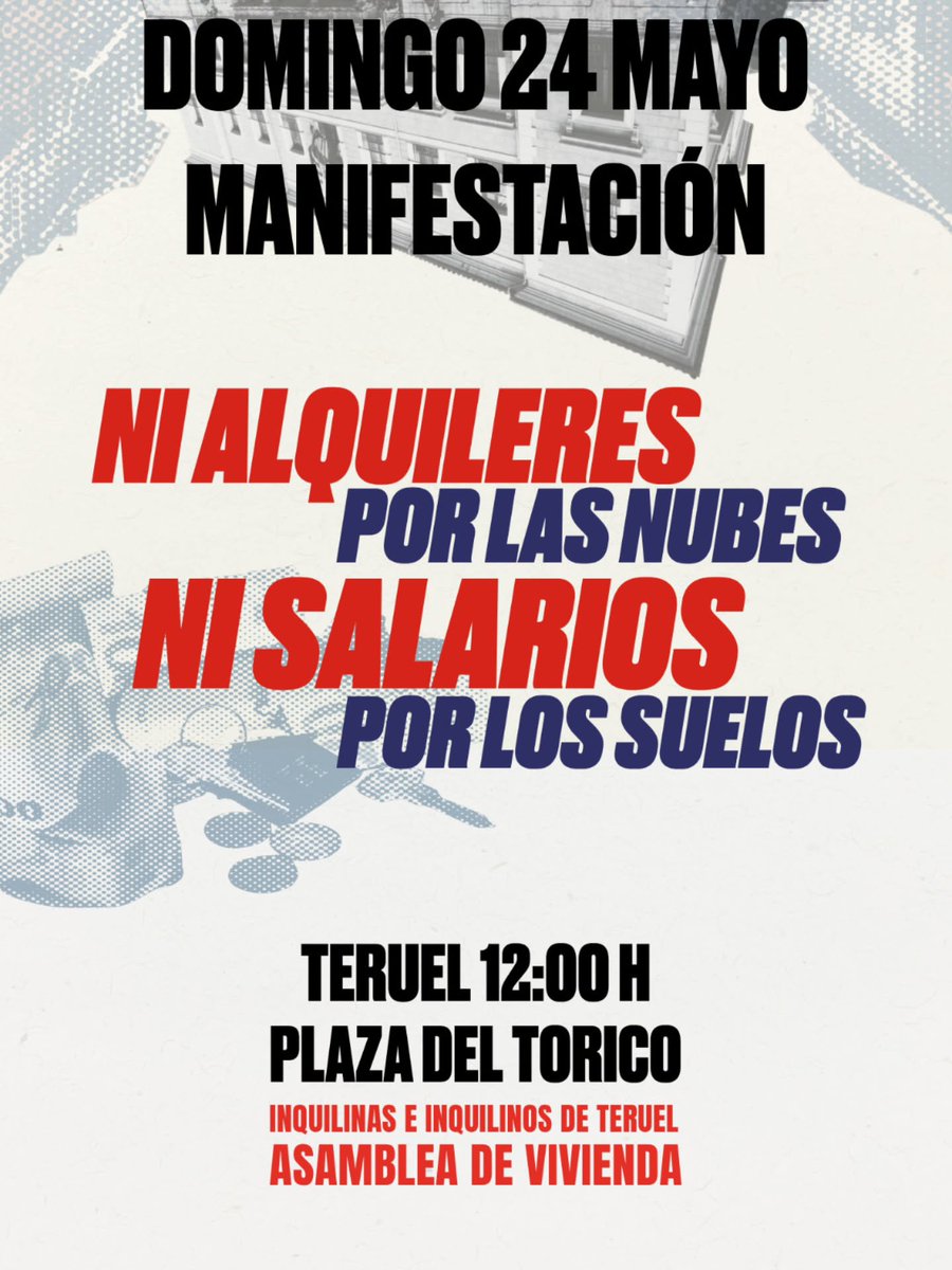 AnticapiAragon's tweet photo. Mañana, domingo 24, nos sumamos a las manifestaciones convocadas para acabar con el negocio de la vivienda:
- Zaragoza:  12h en la Plaza Santo Domingo
- Teruel: 12h en la Plaza del Torico
Ni alquileres por las nubes ni salarios por los suelos. https://t.co/wMt5u70moz