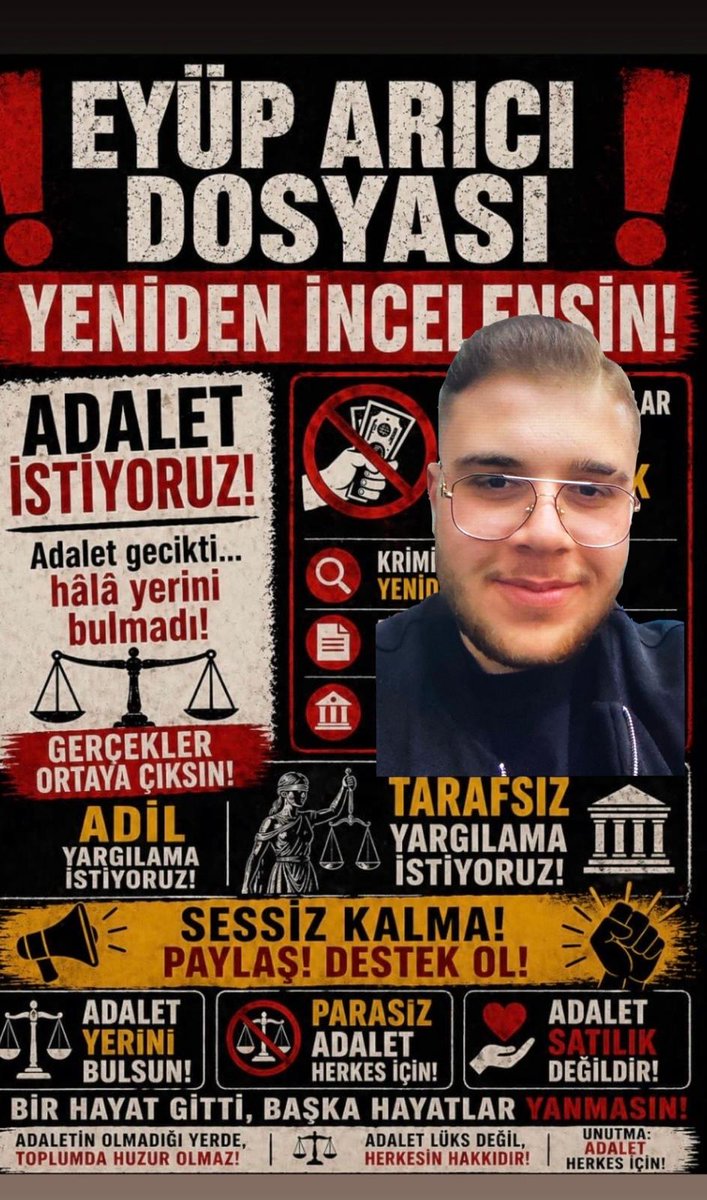 magduraileler_'s tweet photo. Gaziantep'te 17 yaşındaki Eyüp Arıcı, kendisine küfür eden bir gruba "neden küfür ediyorsunuz" dediği için rambo bıçağı ile aort damarından bıçaklandı.
Kalbi yerinden çıkarılarak katledildi.
Eyüp Arıcı’yı katleden 7 sanıktan 5'inin tahliye edilmesi, vicdanlarda derin bir yara açmıştır. Bir canın geri dönüşü yokken, adaletin bu kadar ağır işlemesi ve kamu vicdanını yaralayan kararlar alınması kabul edilemez.
Bir evlat toprağa verildi, bir aile tarifsiz bir acının içinde bırakıldı. Şimdi ise sorumluların tahliye edilmesi; sadece Eyüp’ün ailesini değil, adalet duygusuna inanan herkesi derinden sarsmaktadır.
Biz bu kararı kabul etmiyoruz.
Eyüp Arıcı dosyasının titizlikle yeniden değerlendirilmesini, sürecin şeffaf ve tarafsız şekilde yürütülmesini istiyoruz.
Adalet, geciktiğinde sadece bir aile değil, toplumun vicdanı da yaralanır.
Eyüp için adalet istiyoruz. 

#EyüpArıcı #EyüpArıcıİçinAdalet #adaleti̇stiyoruz