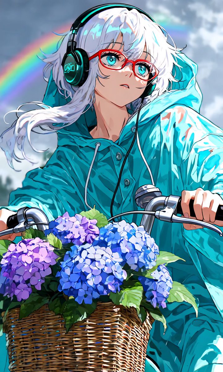 紫陽花とレインポンチョ』 #AIエメラルドハッピーマジック