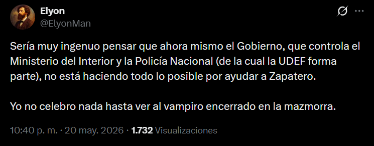 ElyonMan's tweet photo. Acaba de empezar la instrucción de Zapatero y ya van varios chivatazos, la destitución de la jueza de enlace con Francia y Suiza y ahora el reemplazo del mando de la UDEF.

Con esta gente no tiene ningún mérito acertar. Como dice el refrán, piensa mal y ya tal. https://t.co/2MmCuZt6LK