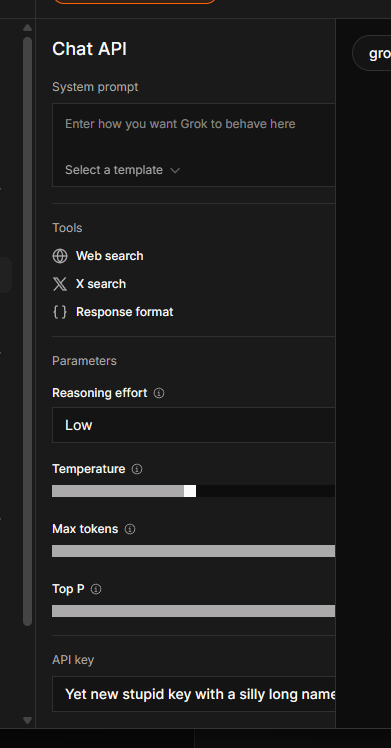 Matic_Broz's tweet photo. @benjitaylor @xai Awesome redesign! I thought maybe you should know: in your console, in the chat-playground, if I set a very long api key name, then the settings also overflow. https://t.co/IzhjM2A01t
