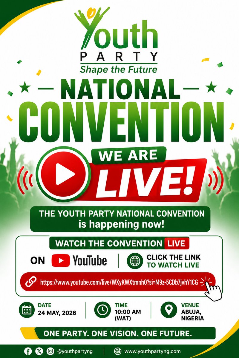 youthparty_ng's tweet photo. 🚨 WE ARE LIVE! 🚨

The Youth Party National Convention is happening now!
Join us as bold ideas, fresh voices, and visionary leaders come together to shape the future of Nigeria. 🇳🇬💚
📺 Watch the convention LIVE on YouTube
🔗 Stream via: https://t.co/bkZIz4DYDH https://t.co/ouRSVycJl4