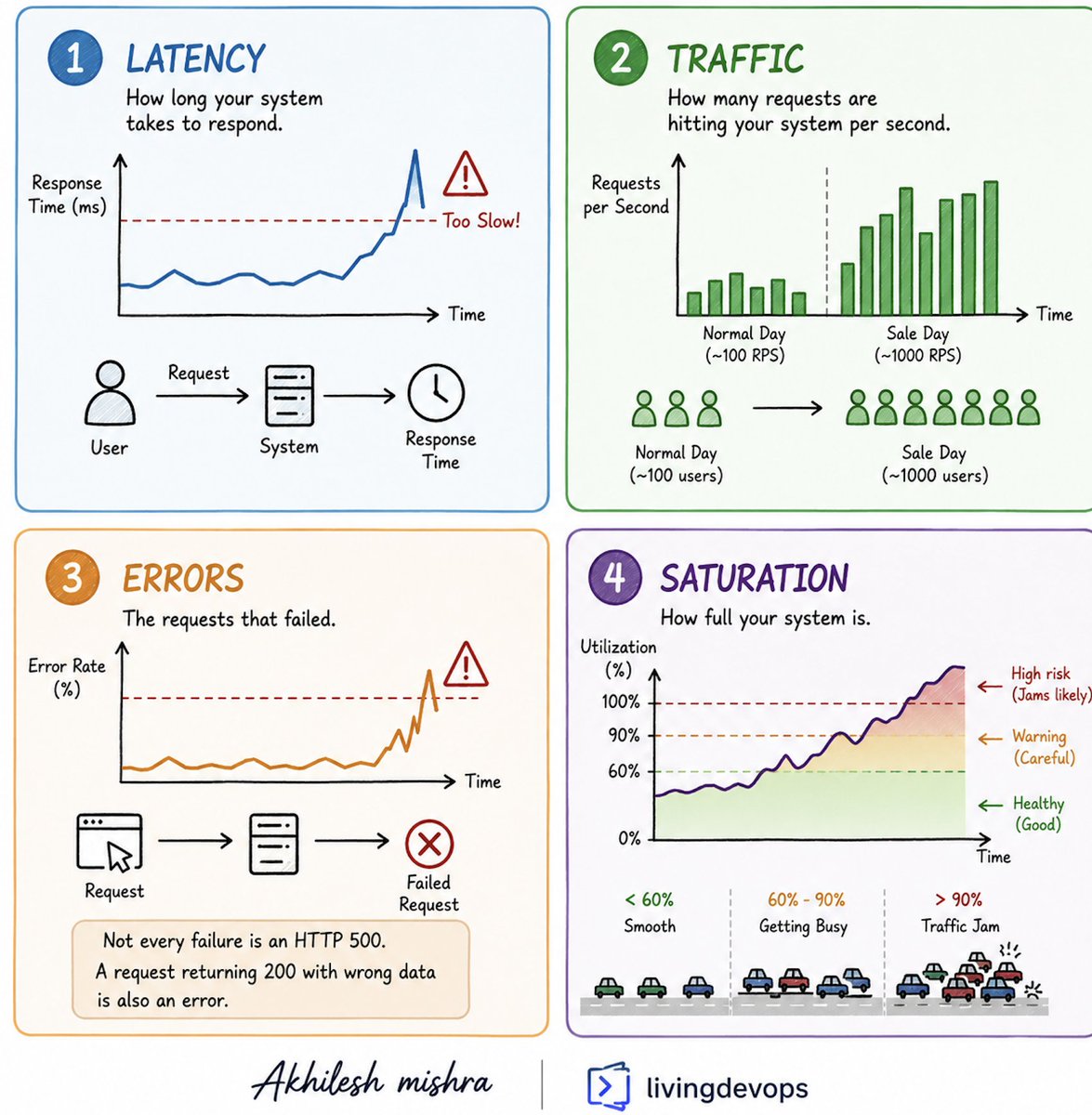 livingdevops's tweet photo. You do not need 50 dashboards to monitor a production system. You need 4.

Google’s SRE team called them the Four Golden Signals. Most experienced engineers follow some version of this framework, even if they do not call it that.

And they are:

Latency, Traffic, Errors, Saturation

>> Latency is how long your system takes to respond.
-  Think about ordering food at a restaurant.
-  If your food takes 20 minutes to arrive, something is likely going wrong in the kitchen.
-  Systems work the same way because users hate waiting, and slow systems often create a worse experience than systems that fail clearly.

>> Traffic is how many requests are hitting your system.
-  Think of it like customers entering a shop.
-  On a normal day maybe 100 people visit.
-  During a sale that number becomes 1000.
-  Every other metric only makes sense when you know how busy your system is.

>> Errors are requests that failed.
-  Think about a vending machine taking your money and giving you the wrong snack.
-  It did not crash.
-  It did not show an error.
-  But it still failed.
-  Not every failure is an HTTP 500. A request returning 200 with bad data is also an error.

>> Saturation is how full your system is.
-  Think about traffic on a highway.
-  At 60 percent capacity, everything moves smoothly.
-  At 90 percent capacity, even small issues create traffic jams.
-  Saturation is often the warning sign. Latency and errors usually come after.

The order matters.
> Traffic creates load.
> Load increases saturation.
> Saturation raises latency.
> And latency eventually becomes errors.

If you are new to DevOps or SRE, stop trying to monitor everything.

Start with these four. Build dashboards around them.
Build alerts around them.

When production breaks at 2 am, these four signals usually tell you where to look first

👉Comment if you need a detailed blog post on it, with real examples.