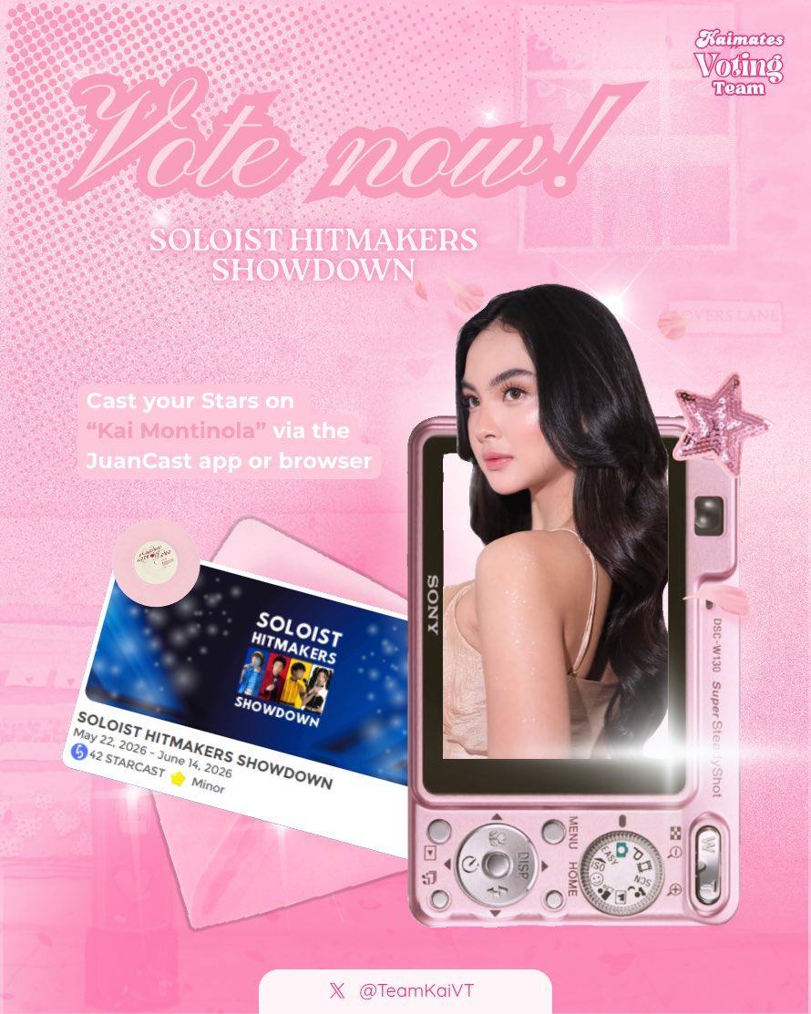TeamKaiVT's tweet photo. Kaimates, Kai Montinola is officially nominated for the Soloist Hitmakers Showdown on JuanCast! Cast your stars via the JuanCast app or browser from May 22 to June 14, 2026. Every cast counts, so let’s spin, collect stars, and vote for Kai now!

#KaiMontinola https://t.co/gPqPlL2jZA