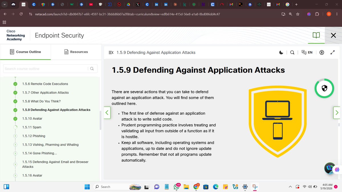 HaywhyJustice's tweet photo. Day 1 of #30DaysOfCybersecurity kicks off today!  Started Endpoint Security on @CiscoNetAcad 
Covered Module 1 : Cyber Threats, Vulnerabilities &amp; Attacks✅
following Junior Cybersecurity Analyst pathway
#cybersecurity #SOC
@cyberjeremiah @confirmedHOD @ireteeh @cyber_rekk https://t.co/MglXBIKDjA