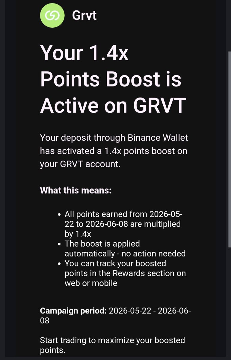 one_wan_inu's tweet photo. Grvt × Binance Wallet
とりあえず40%ブーストやっといた

既存アカに
Binance Walletから10USDT(BSC)以上の入金

入金完了メールと同時に1.4×Boostメールが届きます。

んで1回以上の取引

@BinanceWallet 
@grvt_io https://t.co/6e8eplMyaa