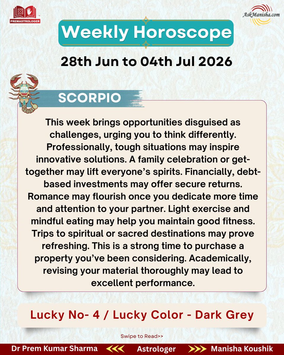 KoushikManisha's tweet photo. Ready to Unlock Your Destiny? Check Out Your Weekly Horoscope Now!!!

Reach us for a personal discussion at+919212144479

Check out your #Weeklyforecast now ( 28th Jun – 04th July 2026) https://t.co/ujaIWEJSpv

#leo #virgo #libra #scorpio https://t.co/b97gHqTbdb