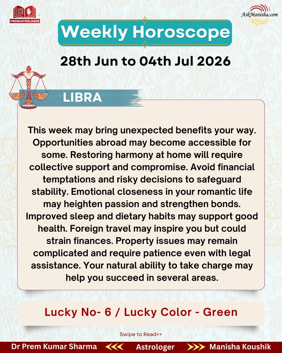 KoushikManisha's tweet photo. Ready to Unlock Your Destiny? Check Out Your Weekly Horoscope Now!!!

Reach us for a personal discussion at+919212144479

Check out your #Weeklyforecast now ( 28th Jun – 04th July 2026) https://t.co/ujaIWEJSpv

#leo #virgo #libra #scorpio https://t.co/b97gHqTbdb