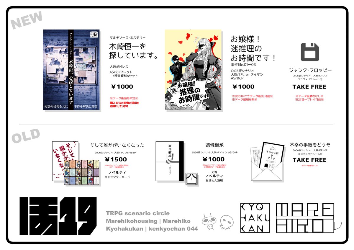 kyohakukan's tweet photo. #ゲームマーケット2026春 のお品書きとなります

ほ19 虚白館/稀彦ﾊｳｼﾞﾝｸﾞ

▼新作GMレスゲーム
木崎恒一を探しています。
▼新作シナリオ
お嬢様！迷推理のお時間です！事件file.01～03
ジャンク・フロッピー
▼既刊
そして誰かがいなくなった
遺骨継承　
不幸の手紙

よろしくお願いします https://t.co/WzmWVQs7NM