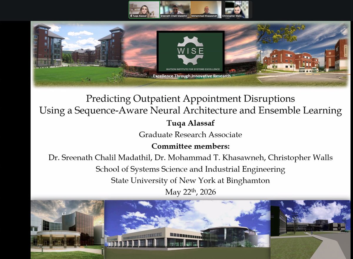 SSIESchoolBU's tweet photo. Congratulations to Tuqa Alassaf! On May 22, 2026 Tuqa defended her thesis “Predicting Outpatient Appointment Disruptions Using a Sequence-Aware Neural Architecture and Ensemble Learning.” Congrats again, Tuqa! https://t.co/IIVBQhzzT8