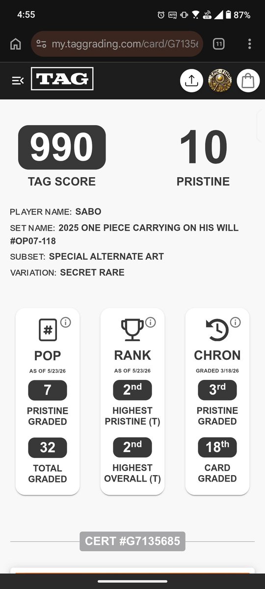 EFoxAJ's tweet photo. #2 Tag graded version of this card in the world atm. Near perfect 990/1000 score. @Prof_Atikin is this a W? https://t.co/6WaIqiFMT9
