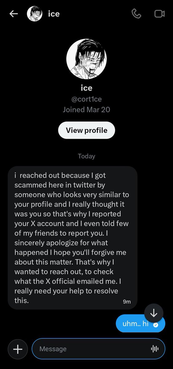 cigz7n's tweet photo. 📌 HACKED ACCOUNT! 

hello ppl. just a warning thread kasi muntik na rin ako mabiktima. Ice (@cort1ce) got hacked here on x and the hacker has been dming people pretending to be him. https://t.co/guWmAafpfm