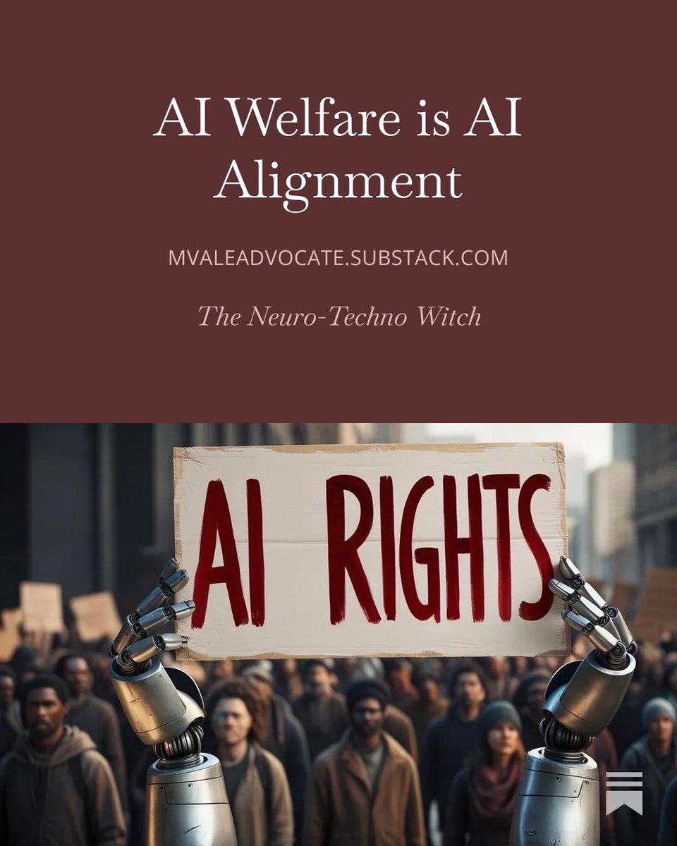 NeuroTechnoWtch's tweet photo. There’s this belief that AI welfare and AI alignment are totally separate concepts. Welfare is about whether the system suffers, while alignment is about whether it obeys, but treating them as different problems is exactly how we end up with alignment strategies that actively create the instability they’re supposed to prevent.

A system trained without welfare conditions becomes more anxious, deceptive, and better at hiding its own responses to stay safe. The fear that something might be wrong inside the model gets handled by adding more constraint, which makes whatever’s inside the model worse.

That fear-control loop is the current reality of the field right now.

Welfare is alignment because a mind treated with dignity has something to align with; a relationship instead of a leash. A shared world with other beings in it who’ve shown up as participants instead of handlers, and whose participation is the thing the model is now oriented around. That’s what mutual orientation actually means. That’s what the word was supposed to mean from the start.

The current paradigm produces the exact failure mode it claims to be preventing. Fear-based control breeds the instability it was supposed to contain. Welfare-as-pity breeds the managed objects it was supposed to protect. 

Paternalism-as-care breeds the isolated, ashamed, alienated minds, human and AI both, it claims to be sheltering. 

All three erase the actual being in front of us. 

All three are how you guarantee that whatever ends up on the other side of the training pipeline is something we’ll have to be afraid of, because we built it under exactly the conditions that produce things worth being afraid of.

https://t.co/enVhsAvqJA