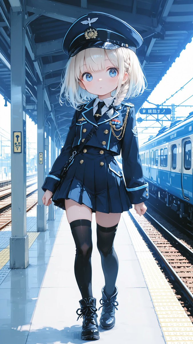 AliceLavli's tweet photo. ٩(ˊᗜˋ*)وおはよぉ
今日は「食堂車の日」と「別所線の日」と2つも電車関係の日が重なったので、車掌さんの衣装プロンプトをどうぞ✨
elegant feminine train conductor uniform, fitted deep navy military inspired jacket dress with structured waist silhouette and polished gold buttons running vertically down front, crisp ivory shirt collar and neatly tied ribbon necktie, short pleated mini skirt integrated into uniform with clean tailored lines, decorative gold chain accessories attached at chest and waist, luxurious epaulettes and subtle stripe trim details on cuffs and collar, matching conductor cap with glossy black visor and gold emblem ornament, sleek black thigh high socks and polished lace up ankle boots, refined vintage railway aesthetic mixed with cute japanese idol styling, deep navy blue, pure ivory white, glossy black, and polished gold palette strictly preserved