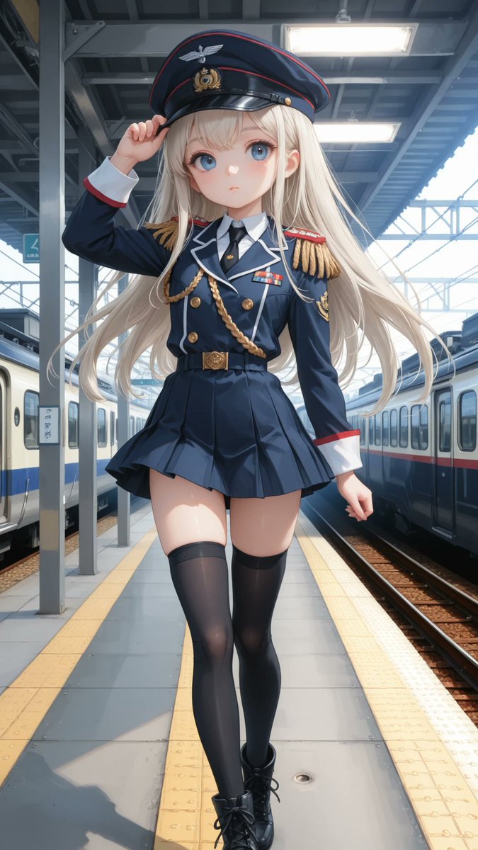 AliceLavli's tweet photo. ٩(ˊᗜˋ*)وおはよぉ
今日は「食堂車の日」と「別所線の日」と2つも電車関係の日が重なったので、車掌さんの衣装プロンプトをどうぞ✨
elegant feminine train conductor uniform, fitted deep navy military inspired jacket dress with structured waist silhouette and polished gold buttons running vertically down front, crisp ivory shirt collar and neatly tied ribbon necktie, short pleated mini skirt integrated into uniform with clean tailored lines, decorative gold chain accessories attached at chest and waist, luxurious epaulettes and subtle stripe trim details on cuffs and collar, matching conductor cap with glossy black visor and gold emblem ornament, sleek black thigh high socks and polished lace up ankle boots, refined vintage railway aesthetic mixed with cute japanese idol styling, deep navy blue, pure ivory white, glossy black, and polished gold palette strictly preserved