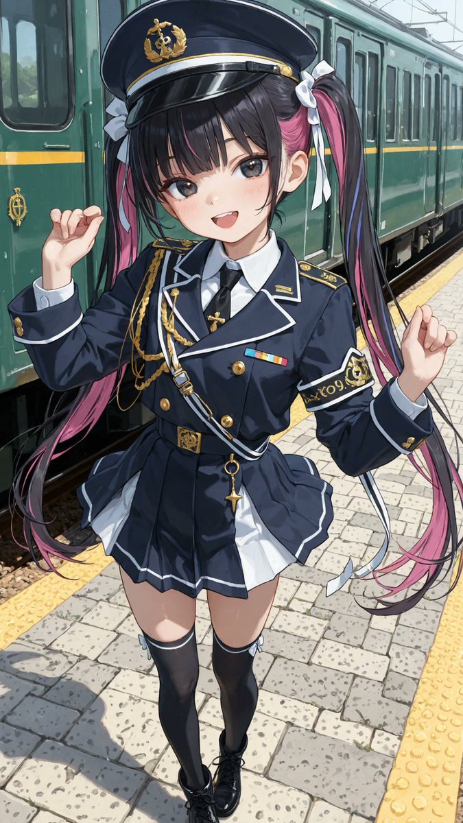 AliceLavli's tweet photo. ٩(ˊᗜˋ*)وおはよぉ
今日は「食堂車の日」と「別所線の日」と2つも電車関係の日が重なったので、車掌さんの衣装プロンプトをどうぞ✨
elegant feminine train conductor uniform, fitted deep navy military inspired jacket dress with structured waist silhouette and polished gold buttons running vertically down front, crisp ivory shirt collar and neatly tied ribbon necktie, short pleated mini skirt integrated into uniform with clean tailored lines, decorative gold chain accessories attached at chest and waist, luxurious epaulettes and subtle stripe trim details on cuffs and collar, matching conductor cap with glossy black visor and gold emblem ornament, sleek black thigh high socks and polished lace up ankle boots, refined vintage railway aesthetic mixed with cute japanese idol styling, deep navy blue, pure ivory white, glossy black, and polished gold palette strictly preserved