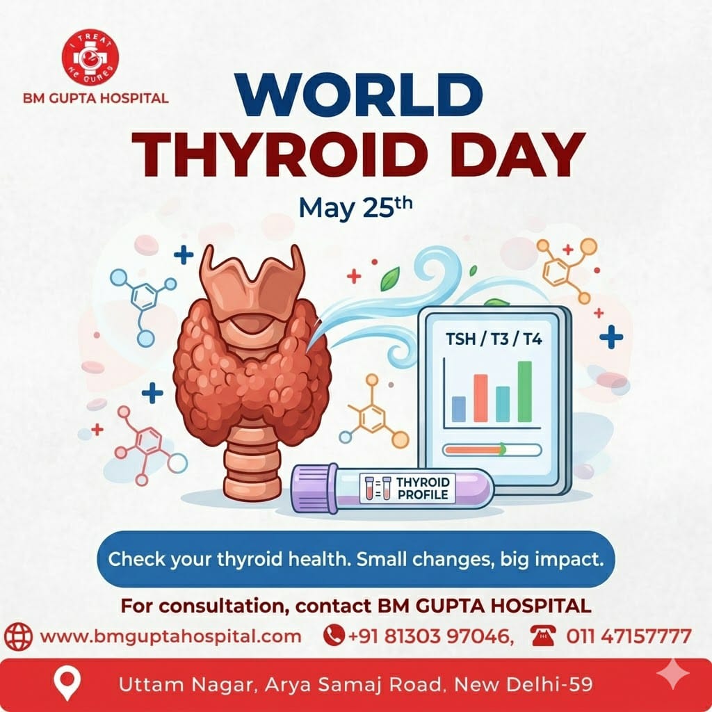 BMGupta34315927's tweet photo. World Thyroid Day 2026 – Prioritize Your Health

🏥 BM Gupta Hospital
📌 Address: Uttam Nagar, Arya Samaj Road, New Delhi – 110059
Book Your Appointment Today:
📱 +91 81303 97046
☎️ 011 47157777
https://t.co/zhAMaVVCg9

#BMGuptaHospital #WorldThyroidDay https://t.co/zOxPJoBWbl