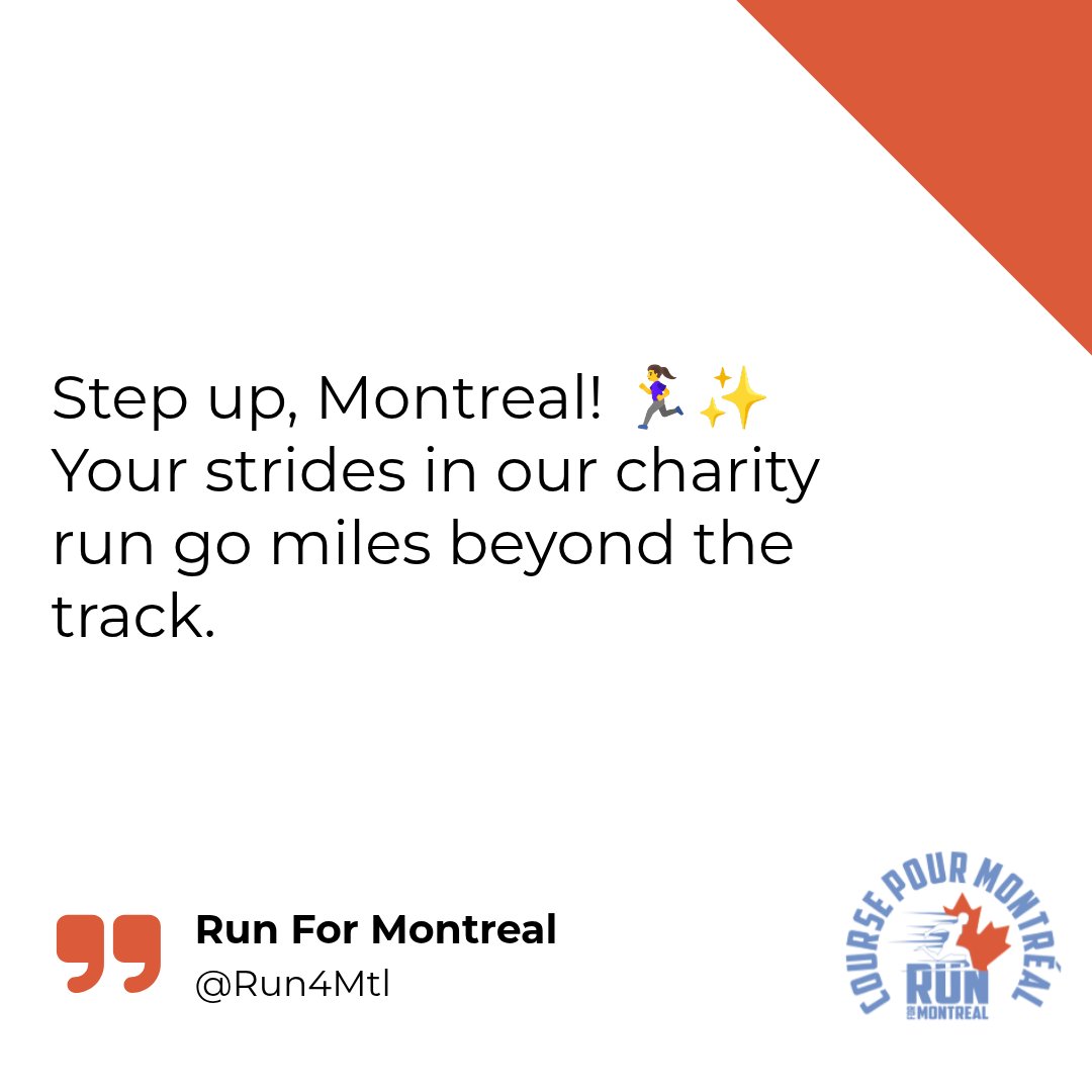 run4mtl's tweet photo. When you lace up for a charity run, your footsteps create ripples of impact that reach far beyond the finish line. 🏃‍♀️💗 Every dollar raised at events like our Run for Montreal helps fund critical community programs—from food banks to youth mentorship. But the magic happens when https://t.co/rQUOQli8kW