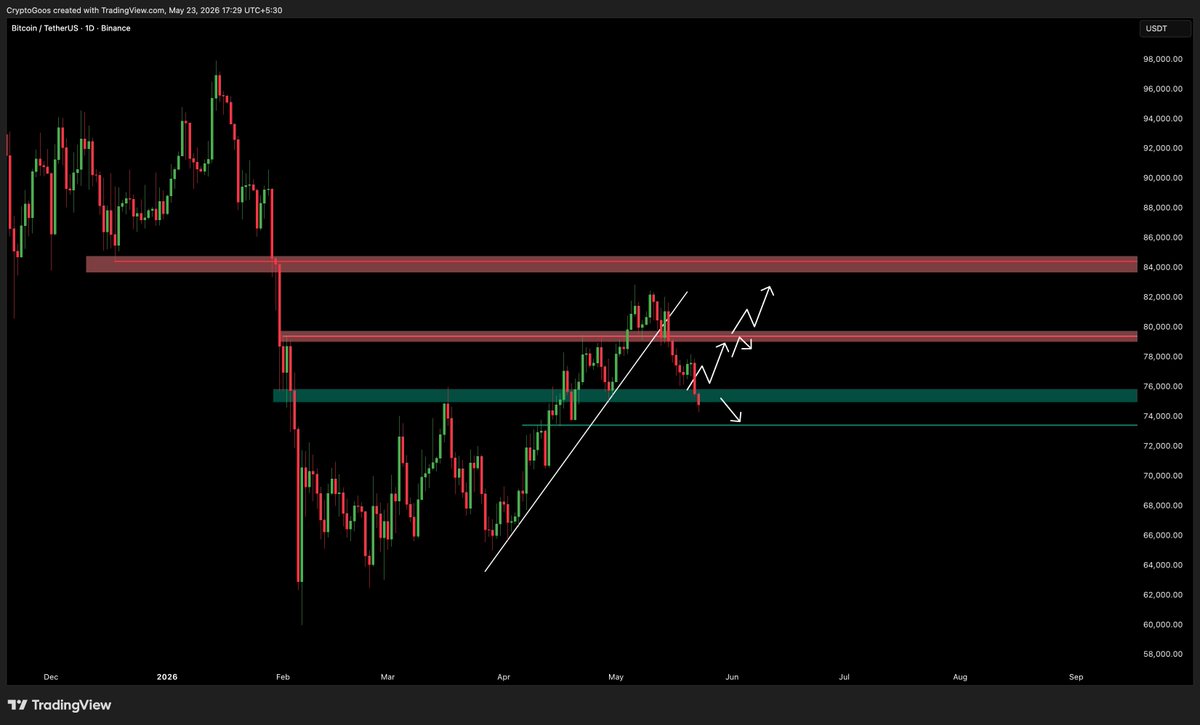cryptogoos's tweet photo. $BTC update, honest thoughts. 

Trading at critical resistance right now. Lose this level and we dump lower.

The odds of an extension back to $85K are fading by the day. 

I could be wrong, but the trend looks down. https://t.co/TnojSWlFXc