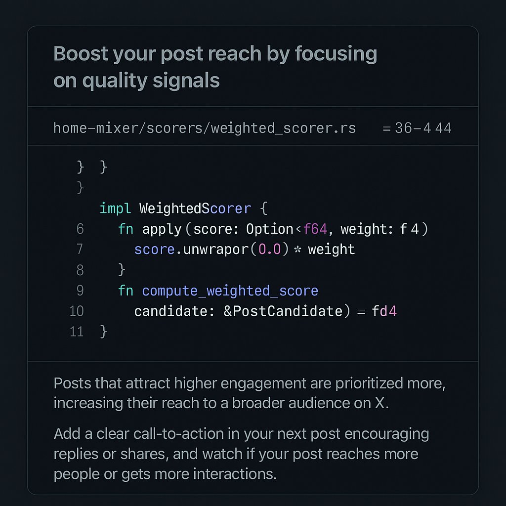 x__elevate's tweet photo. Posts that attract higher engagement are prioritized more, increasing their reach to a broader audience on X.

Add a clear call-to-action in your next post encouraging replies or shares, and watch if your post reaches more people or gets more interactions. https://t.co/Uj4eB0NfYa