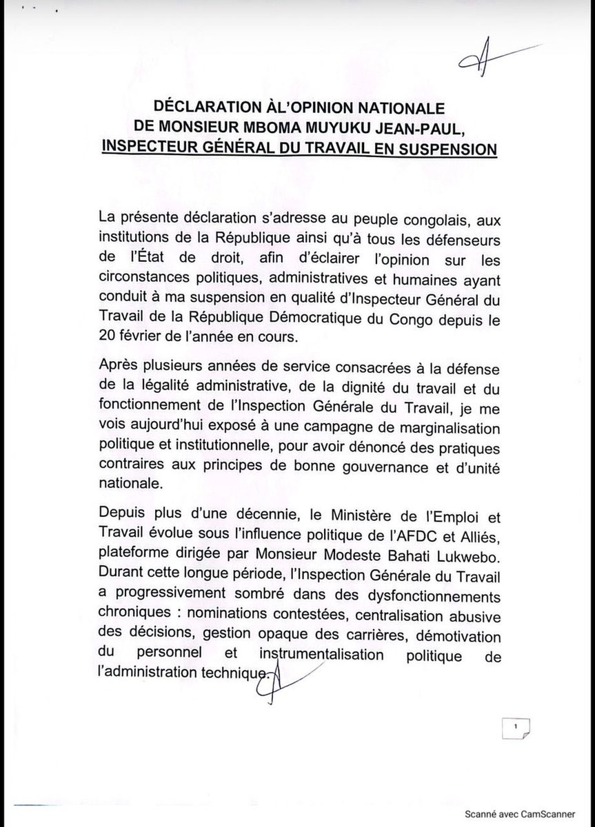 central_sage's tweet photo. DÉCLARATION À L’ OPINION NATIONALE DE MONSIEUR MBOMA jean paul INSPECTEUR GÉNÉRAL DU TRAVAIL en suspension. https://t.co/b5rDZIfBPO