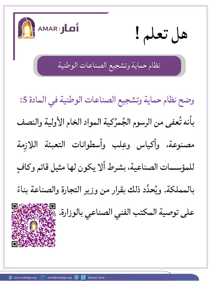 saudi_amar's tweet photo. هل تعلم !
بأن نظام حماية وتشجيع الصناعات الوطنية في المادة 5 وضح بأنه تُعفى من الرسوم الجُمرُكية المواد الخام الأولية والنصف مصنوعة، وأكياس وعِلب وأسطوانات التعبئة اللازِمة للمؤسسات الصناعية، بشرط ألا يكون لها مثيل قائم وكافٍ بالمملكة. https://t.co/YuLX15LGKu