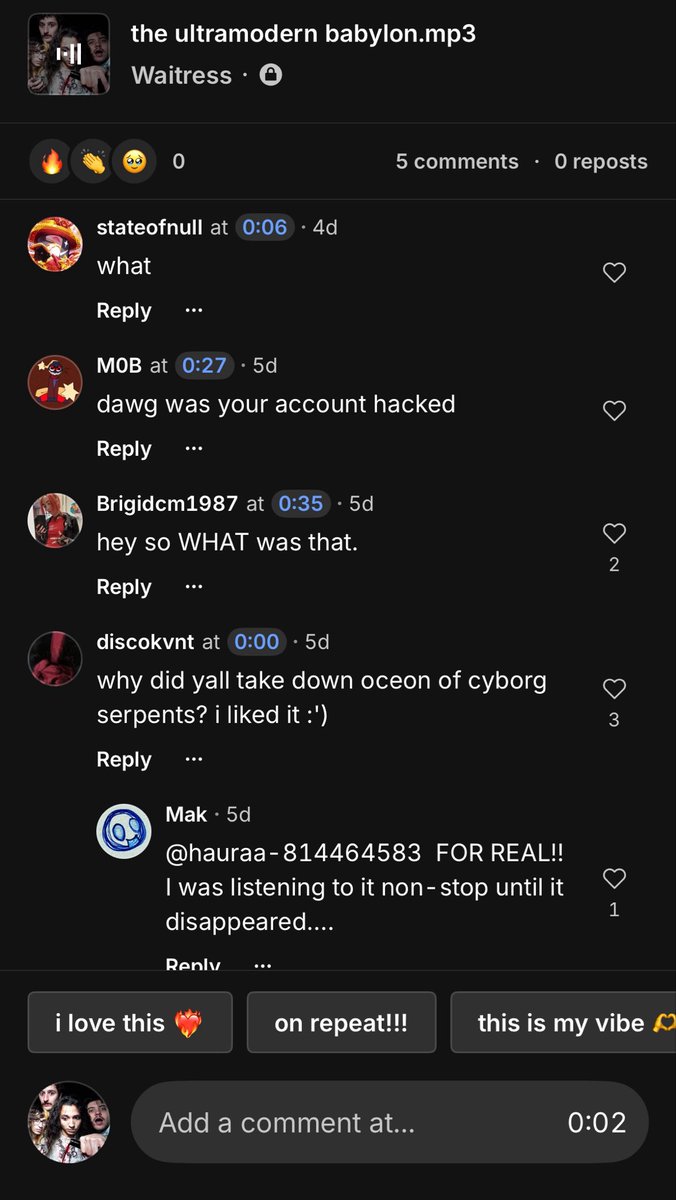 waitresscore's tweet photo. kennedy keeps accidentally publishing unreleased music on soundcloud can you guys stop listening to it please https://t.co/cYeZmh6Unf