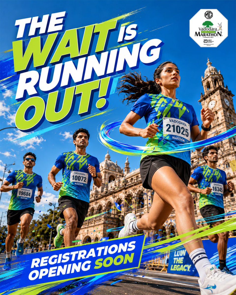 VMIndia's tweet photo. The countdown has begun. 
The streets are calling, the energy is building, and the next chapter of the Vadodara Marathon is almost here.

Registrations opening soon.

#VadodaraMarathon #RegistrationsOpeningSoon #RunVadodara #MarathonSeason #MGVM #VM https://t.co/P7W7r1YTsu