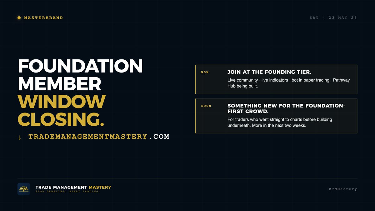 TMMastery's tweet photo. Two things worth saying on a Saturday.

First: the Foundation Member window for the TMM community is not staying open indefinitely. If you have been considering it, this week is the time to move. The founding tier exists for a reason - the people who are here first, building this with us from the beginning, get access to something the people who join later will not.

The community is live. The indicators are live. The Pathway Hub is being built right now.

Second: we are working on something specifically for traders who went straight to charts before building the foundation underneath them. Most traders do. The cost shows up later.

More on that in the next two weeks.

If you want in as a Foundation Member before the window closes: https://t.co/aC9yy9cHps

What made you take trading seriously as a discipline rather than just as a hobby?