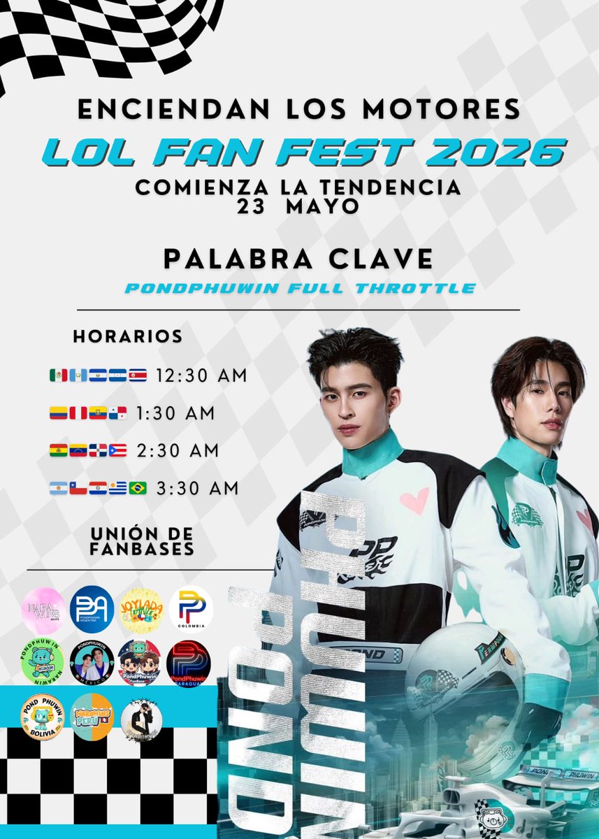 PondPhuwin_Arg's tweet photo. ¡No paramos! Nuestro apoyo continúa y la mejor manera de mostrarlo es apoyando la tendencia 🏎️💨

🔑 PONDPHUWIN FULL THROTTLE
#️⃣ LOLFanFest2026D2

UNIÓN PONDPHUWIN LATAM FAM
PONDPHUWIN FULL THROTTLE

#LOLFanFest2026D2 https://t.co/IQDDC5G5Fz