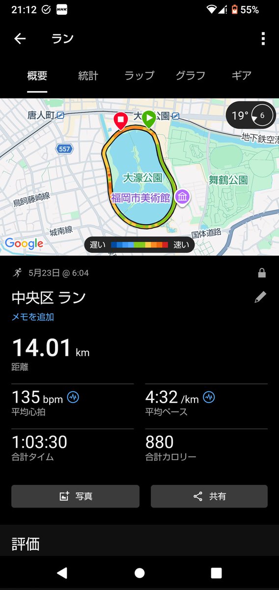 Shin_Kom's tweet photo. 今朝も石川練に参加。メニューは14kmビルドアップで、5:00/kmから入り、大濠公園１周2kmごとに10秒ずつ速くします。暑さに体が慣れていないせいか、10kmからかなりきつくなった💦次回はリベンジするぞ！ https://t.co/48AXdtNSky