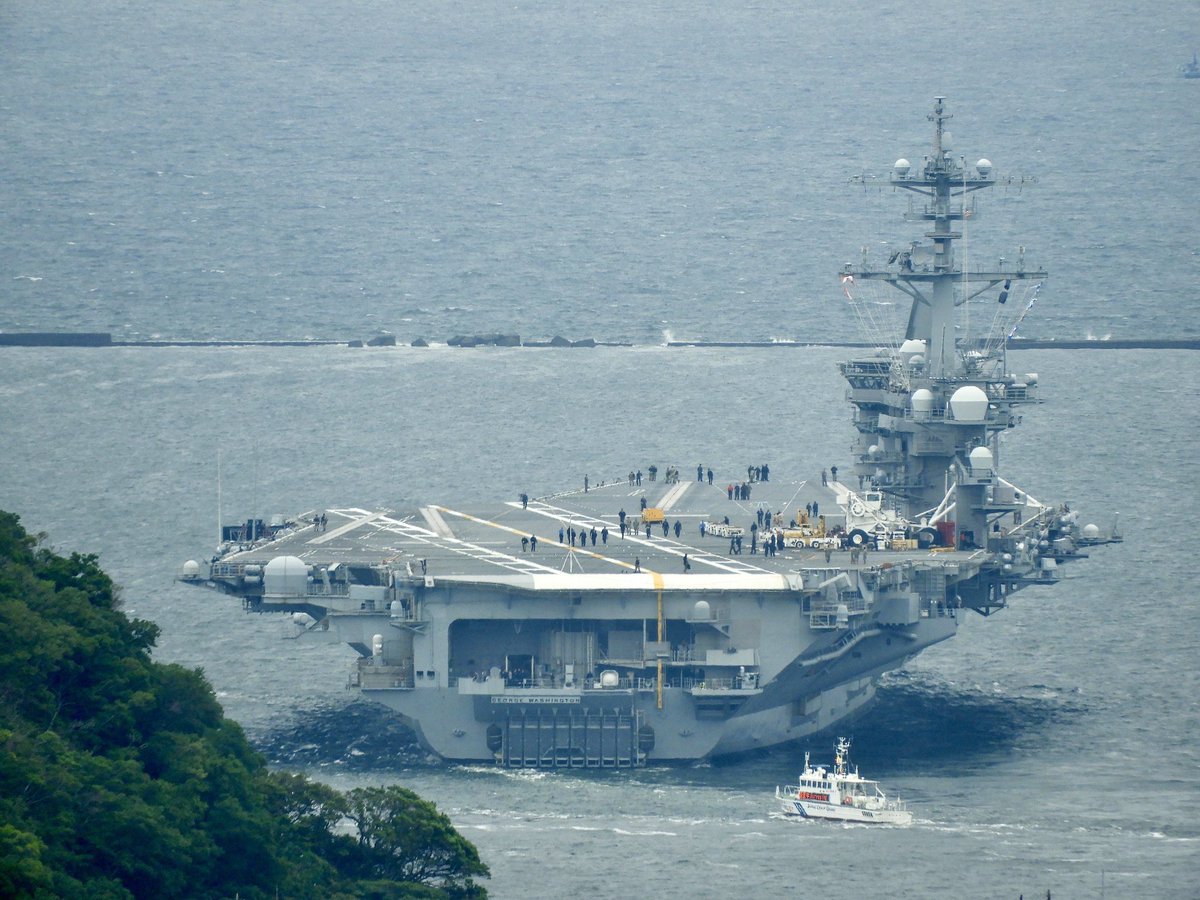 WarshipCam's tweet photo. USS George Washington (CVN 73) Nimitz-class aircraft carrier leaving Yokosuka, Japan - May 23, 2026    SRC: X-@MICHIYAM https://t.co/LpHKV8yRs3