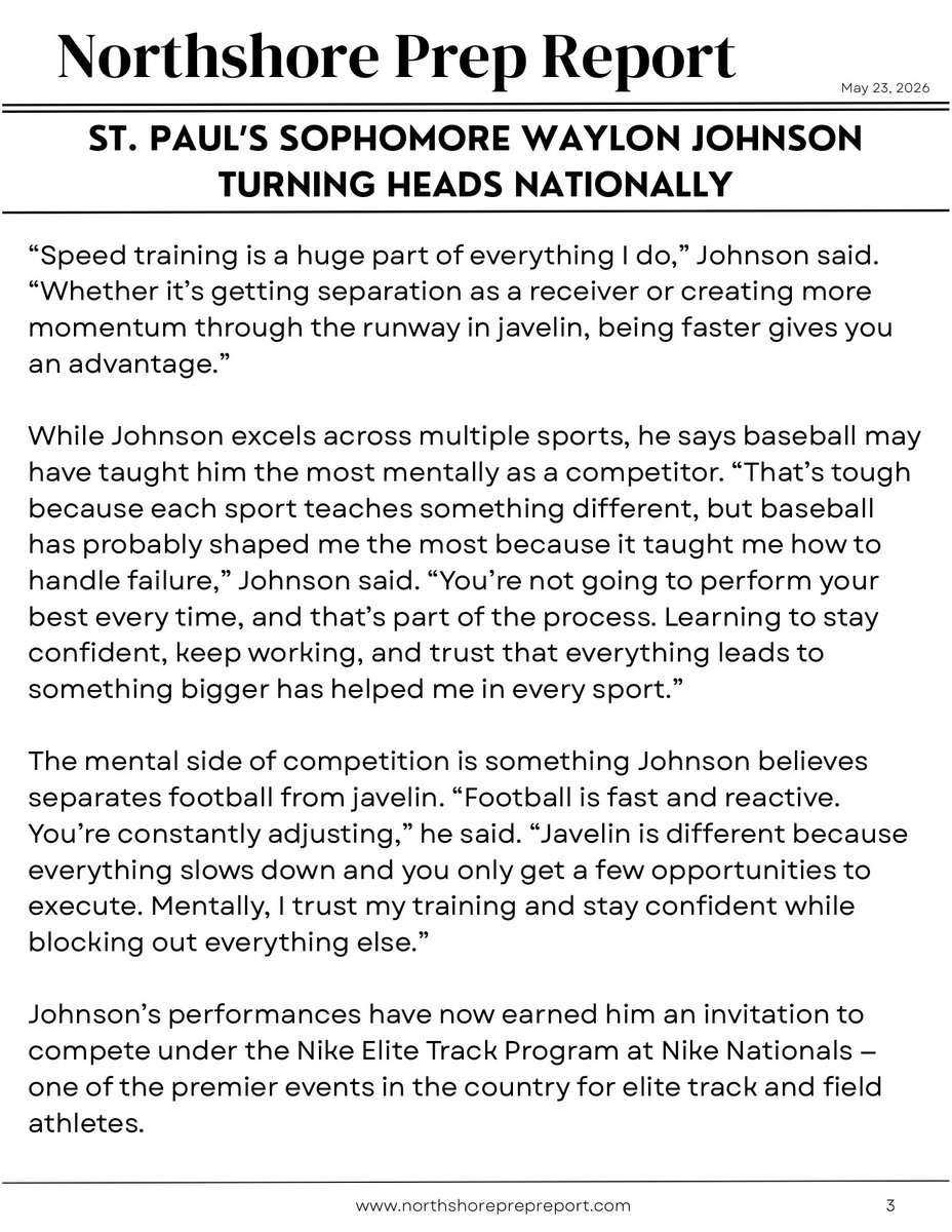 NorthshorePrepR's tweet photo. St. Paul’s Waylon Johnson is a multi-sport standout for the Wolves. The soon to be Junior excels as one of the nations premier javelin athletes, as he gears up to compete on the national stage this summer. @Waylon89_LS @wolvesfootball_ @SPSHomeRunClub https://t.co/YQD5CRnIIR