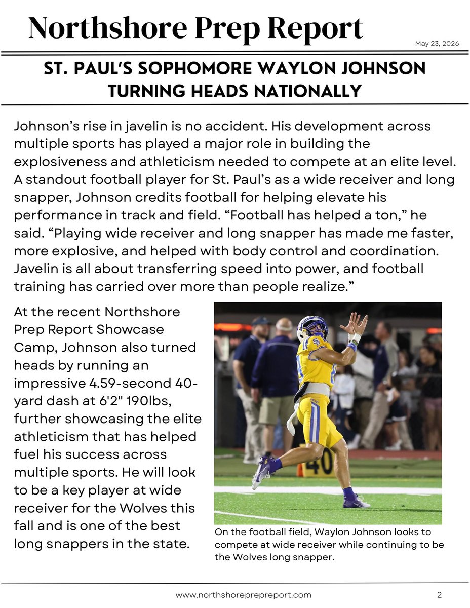 NorthshorePrepR's tweet photo. St. Paul’s Waylon Johnson is a multi-sport standout for the Wolves. The soon to be Junior excels as one of the nations premier javelin athletes, as he gears up to compete on the national stage this summer. @Waylon89_LS @wolvesfootball_ @SPSHomeRunClub https://t.co/YQD5CRnIIR