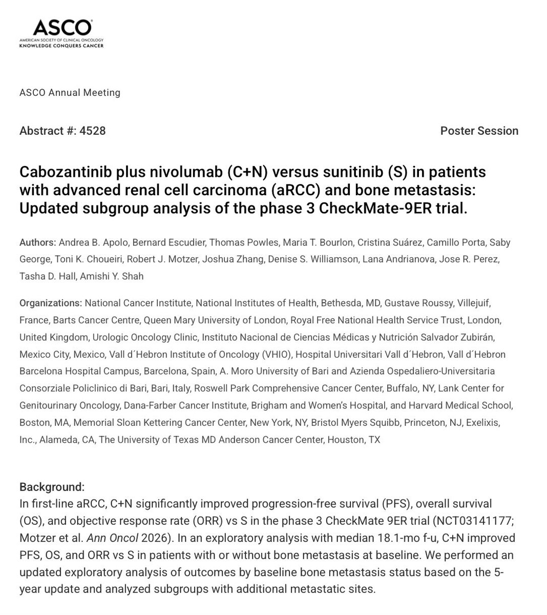 crisbergerot's tweet photo. Do patients with bone metastases derive sustained benefit from first-line immunotherapy-based combinations in advanced RCC? #ASCO26 @ASCO @apolo_andrea 
Updated subgroup analyses from CheckMate-9ER and long-term outcomes with cabozantinib + nivolumab

https://t.co/p9S16JvnCy https://t.co/3Kgk1T8Vza