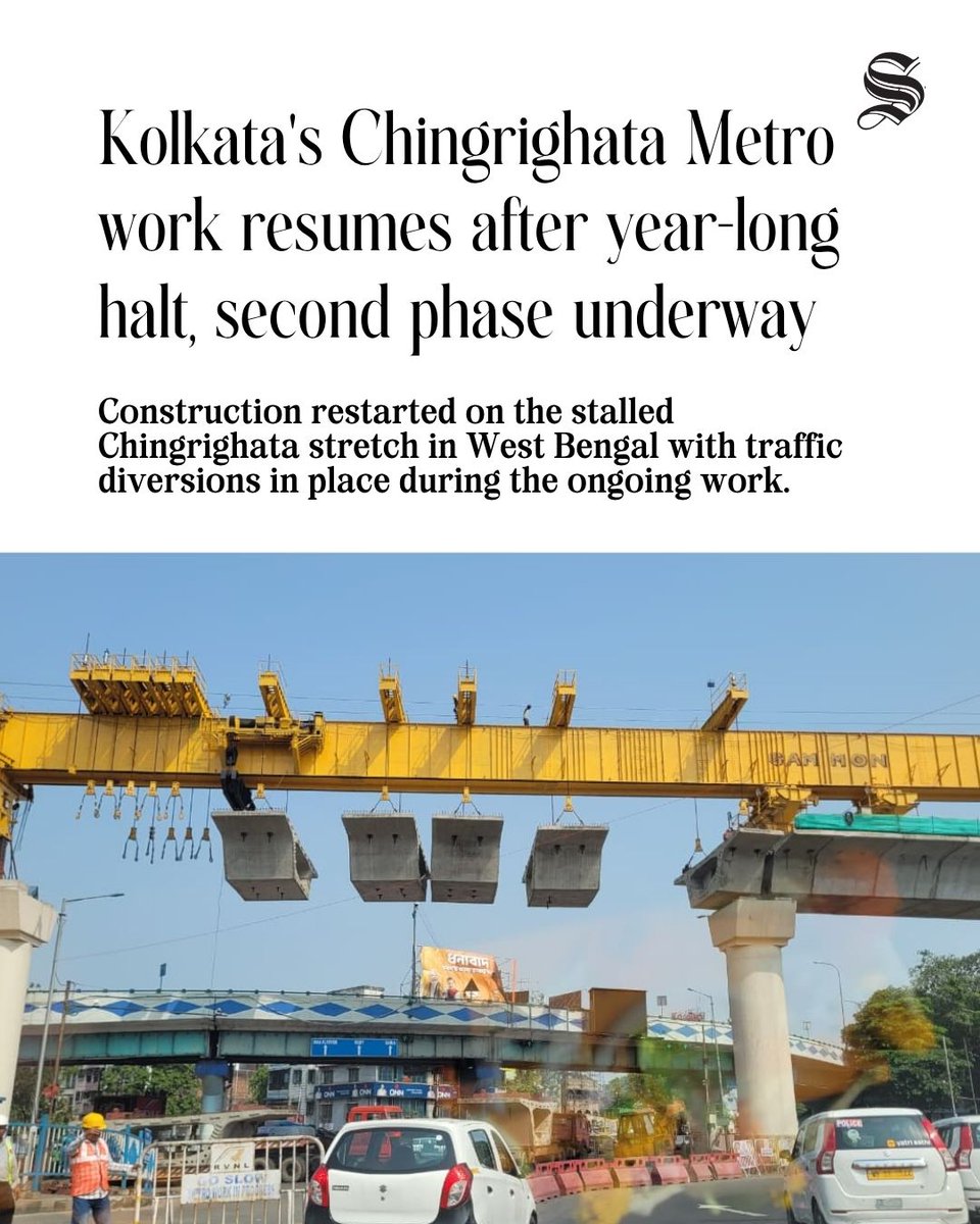 TheStatesmanLtd's tweet photo. Construction work on Kolkata’s Orange Metro Line has resumed at Chingrighata in West Bengal after remaining stalled for nearly a year. Authorities have also imposed traffic diversions in the area during the ongoing work.

@metrorailwaykol @KPTrafficDept

#KolkataMetro #OrangeLine #Chingrighata #EMBypass #KolkataTraffic #MetroRail #SectorV #NewGaria #Kolkata #Infrastructure #TrafficDiversion #WestBengal

[Chingrighata, Kolkata Metro, Orange Line, EM Bypass, traffic diversion, Sector V, New Garia-Airport corridor, Kolkata infrastructure, metro construction, West Bengal]