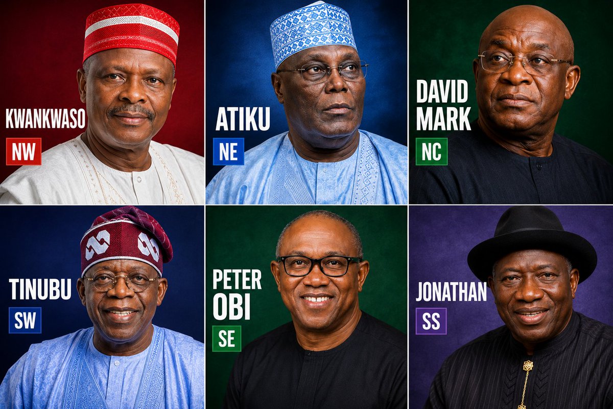 SarautaMaryam's tweet photo. STRIPE AWAY THE SENTIMENTS: If Nigeria were divided into 6 regions, and each region was led by:
NW — Kwankwaso 
NE — Atiku
NC — David Mark
SW — Tinubu
SE — Peter Obi
SS — Jonathan.

Which region do you think would develop the fastest? 👀🤔 https://t.co/BqObxIa3vD