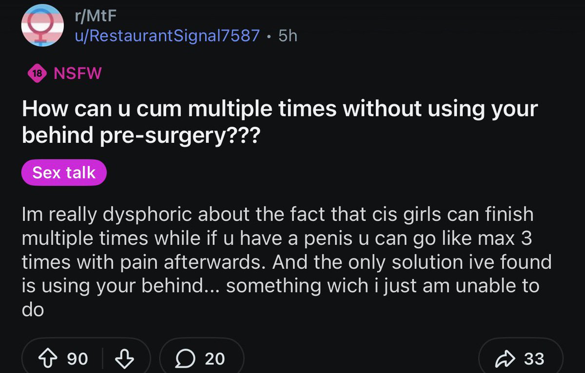 sappholives83's tweet photo. Now they’re “dysphoric” because they can’t have multiple orgasms. It’s amazing how much of their interest in transitioning revolves around sex.🙄

I fvcking hate this sh!t so much. https://t.co/DpL5GjDzbj