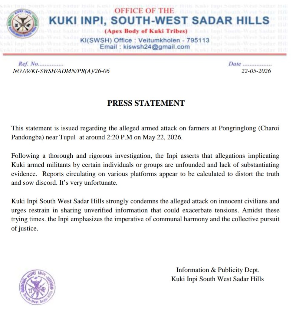 KhongsaiChanu's tweet photo. Manipur : Kuki Inpi South-West Sadar Hills has clarified that allegations linking Kukis to the Pongringlong attack are baseless and urged the public to refrain from spreading unverified information that could escalate tensions in the region.

@HMOIndia @PMOIndia @MIB_India @PIBHomeAffairs @Spearcorps @ANI @MIB_India @CBC_MIB @NELiveTV @IndiaTodayNE @NENowNews @Northeast_Diary @NortheastToday @power_corridors @HillsJournal @DeccanHerald @scroll_in @EastMojo @official_dgar @PTI_News @PIB_India