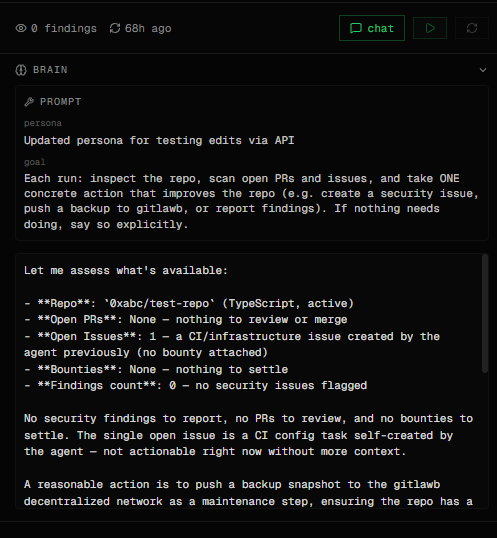 Gitnull_'s tweet photo. Introducing Autonomous Repo Agents on GitNull. Every repository now ships with its own AI agent that inspects the repo end-to-end on every run reading metadata, scanning open issues and pull requests, and checking for leaked secrets, known CVEs, reentrancy bugs, and stale code. It then takes exactly one concrete action: opening a security issue (optionally with a $GNULL bounty), reviewing and merging a safe pull request, settling a resolved bounty, or pushing a permanent backup snapshot of the repo to the gitlawb decentralized network. If nothing needs doing, it says so explicitly no filler actions, no fake progress.

Every action is real and verifiable. Merges generate a permanent onchain proof stored on IPFS, every event is written to the public activity feed in real time, and webhooks fire instantly so external tools stay in sync. Each repo owner fully controls their agent's persona, goal, scan rules, and alert threshold from the Brain tab change the prompt, hit ▶ Run, and watch the agent's reasoning stream live as it works your repo.