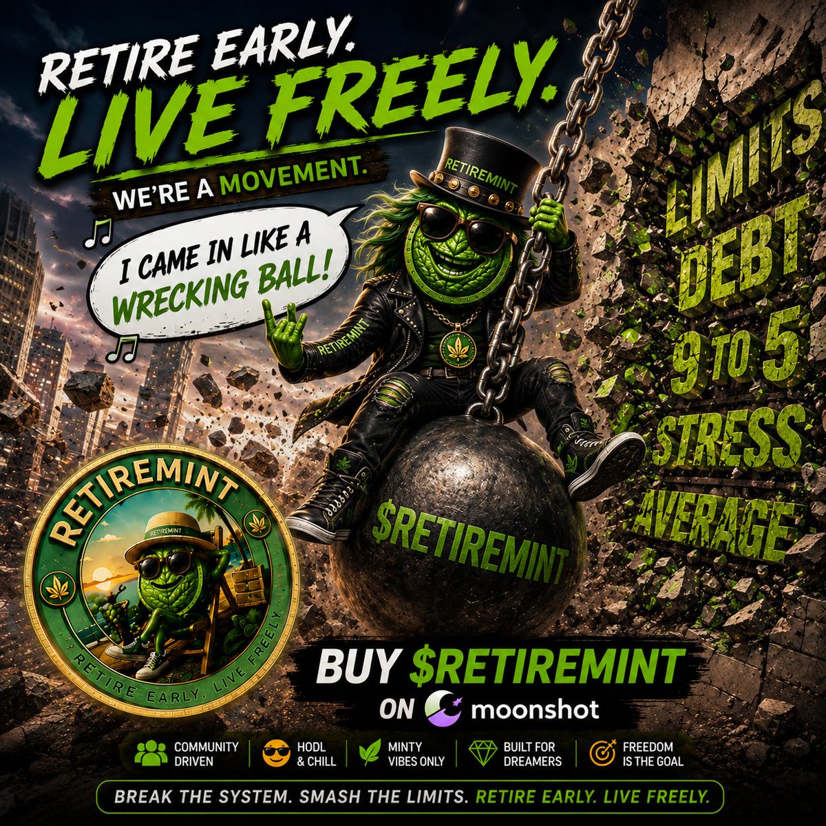 RETIREMINTCOIN's tweet photo. 🎸💥 I CAME IN LIKE A WRECKING BALL! 💥🎸
Breaking limits. Smashing expectations. Living freely. 🚀💚
The future is minty. 😎
$RETIREMINT #RETIREMINT #Crypto #Moonshot #Memecoin #HODL #LiveFreely #DiamondHands 🚀🌕 https://t.co/abKzc3mc5E