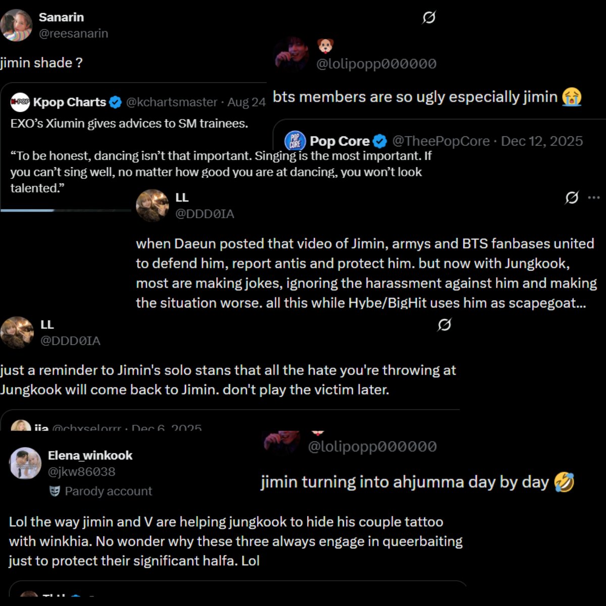 jmpopbase's tweet photo. I’m convinced the "armys"pushing the narrative that winkook accs are run by Jimin solos are doing it to redirect hate onto Jimin and turn him into a target for both Jungkook solos and gg stans. It takes one search through those accs to see they’ve dragged Jimin multiple times https://t.co/fJc84Fd3V8