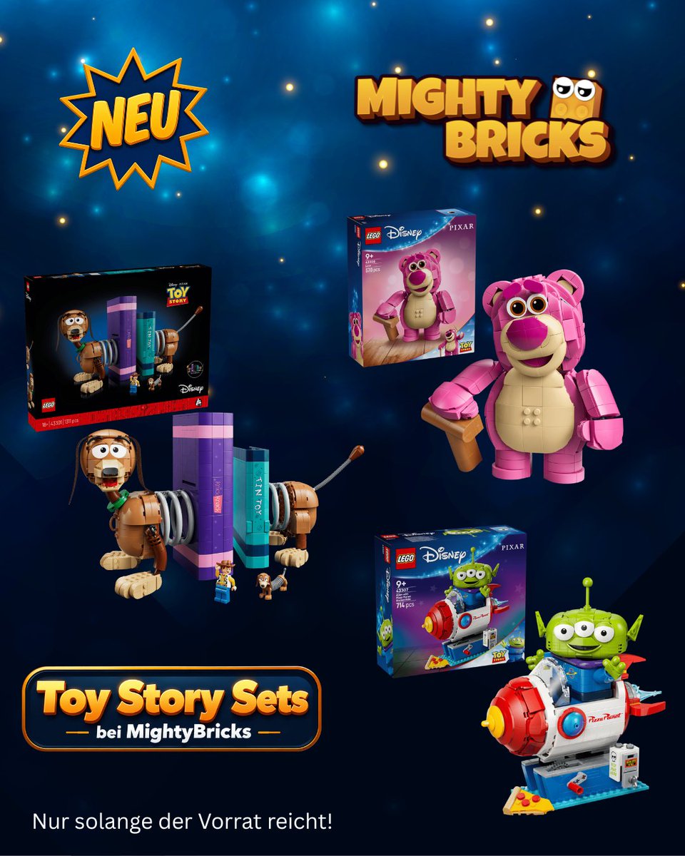 _MightyBricks_'s tweet photo. Neue #LEGO #Disney #Pixar #ToyStory Sets bei #MightyBricks in #Teltow 🚀🐻📚

Mit dabei: Alien mit Pizza Planet Raketenfahrt, Lotso und die Slinky-Buchstützen.

Für Disney-Fans, Pixar-Sammler und Toy Story Nostalgiker. Nur solange der Vorrat reicht.

https://t.co/dJxcXxkR5W https://t.co/hsreevJlr8