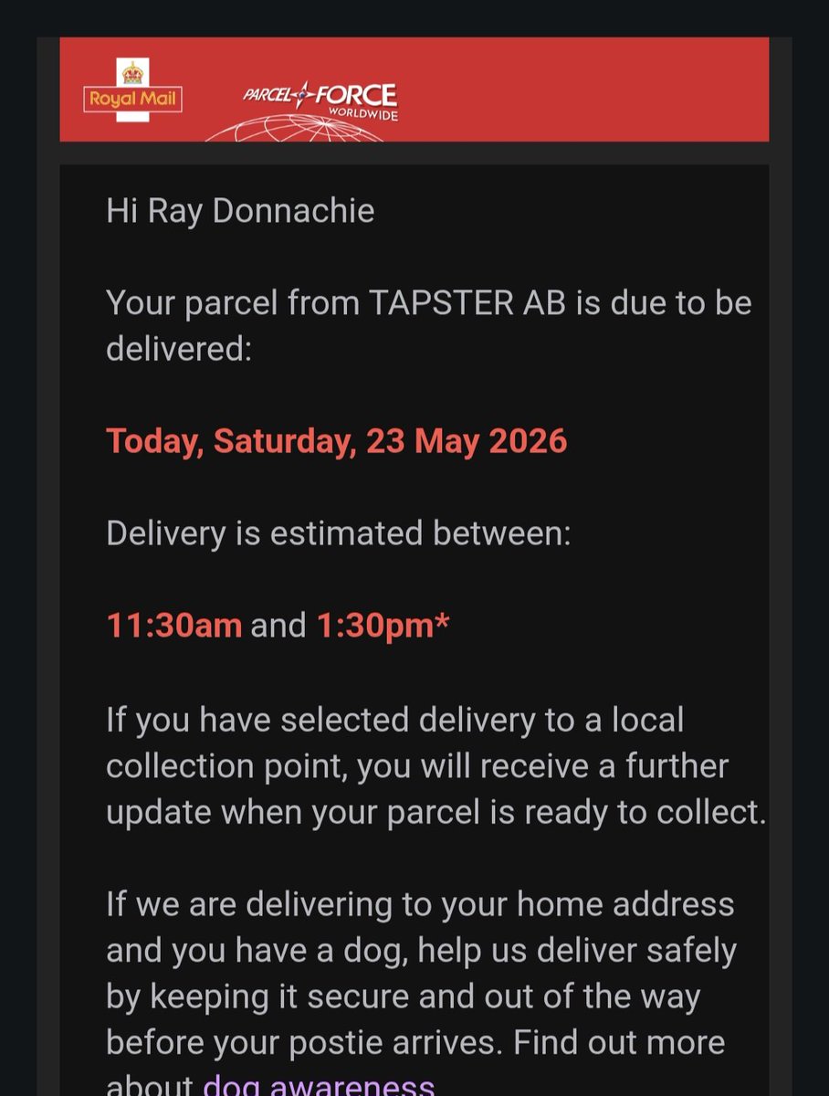 scotrayd's tweet photo. @parcelforce Will this delivery still happen today? https://t.co/i7LKodTHFy
