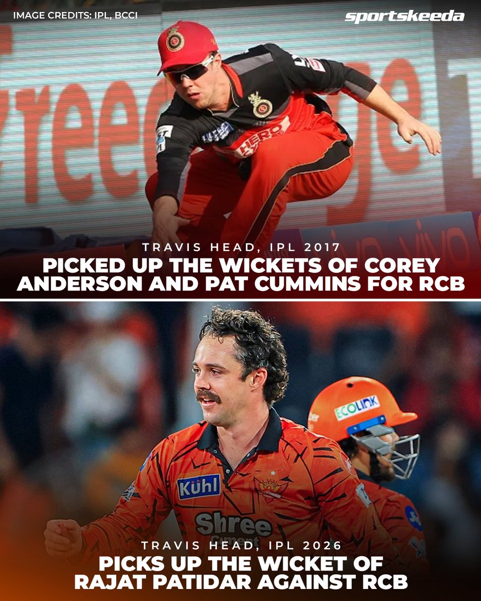 Sportskeeda's tweet photo. An IPL wicket for Travis Head after 9 long years! ❤️🧡

Back then, he picked wickets for RCB — now he gets one against them, and it's just his third IPL wicket! 🔥

#IPL2026 #SRHvRCB #Sportskeeda https://t.co/icLpbmCgqF