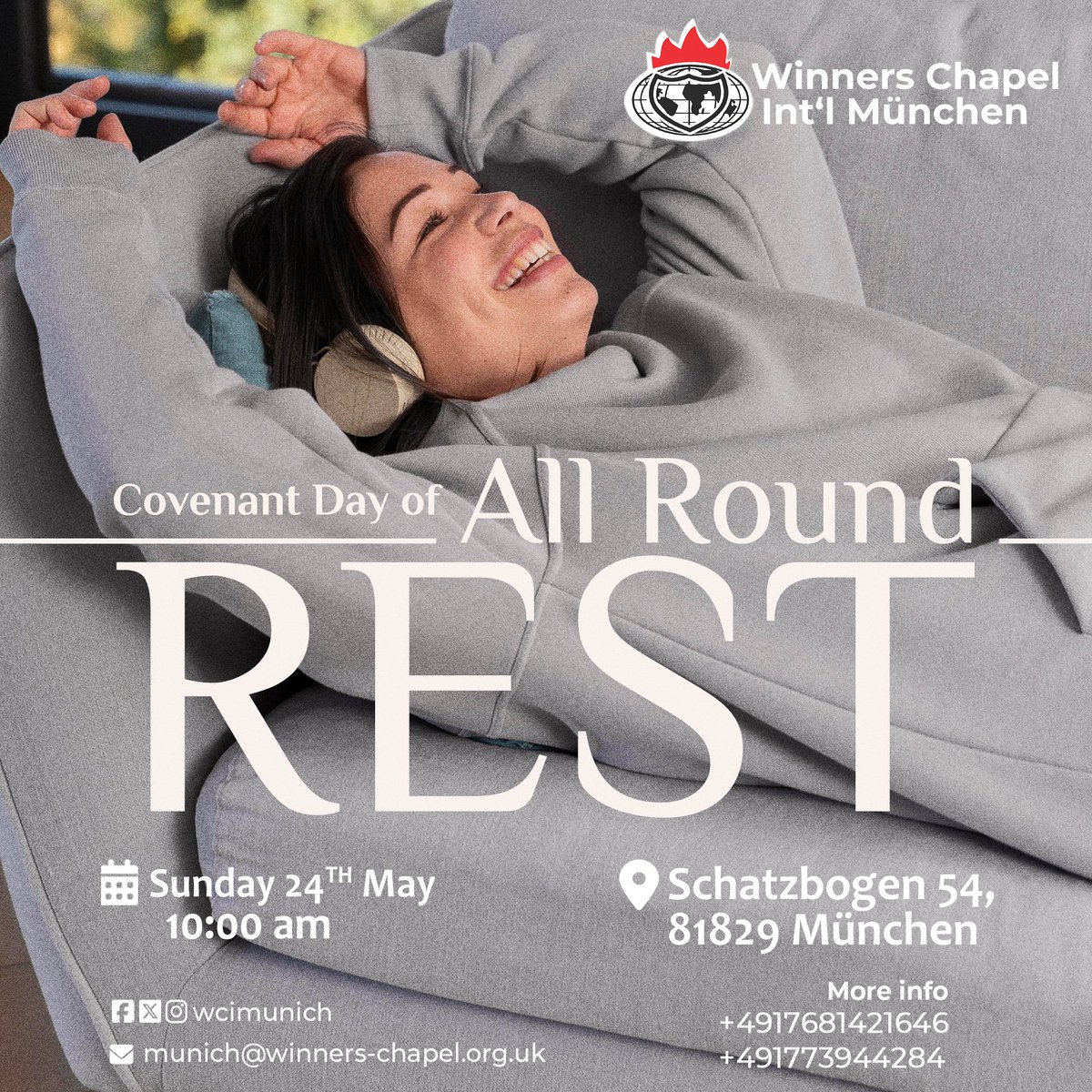 wcimunich's tweet photo. But now the LORD my God hath given me rest on every side, so that there is neither adversary nor evil occurrent. - 1 Kings 5:4

Join us for our Covenant Day of All Round Rest. It shall be a service to be much remembered.

#wcimunich
#AllRoundRest
#churchinmunich
#YearOfOpenDoors https://t.co/HZoUSGMAYF