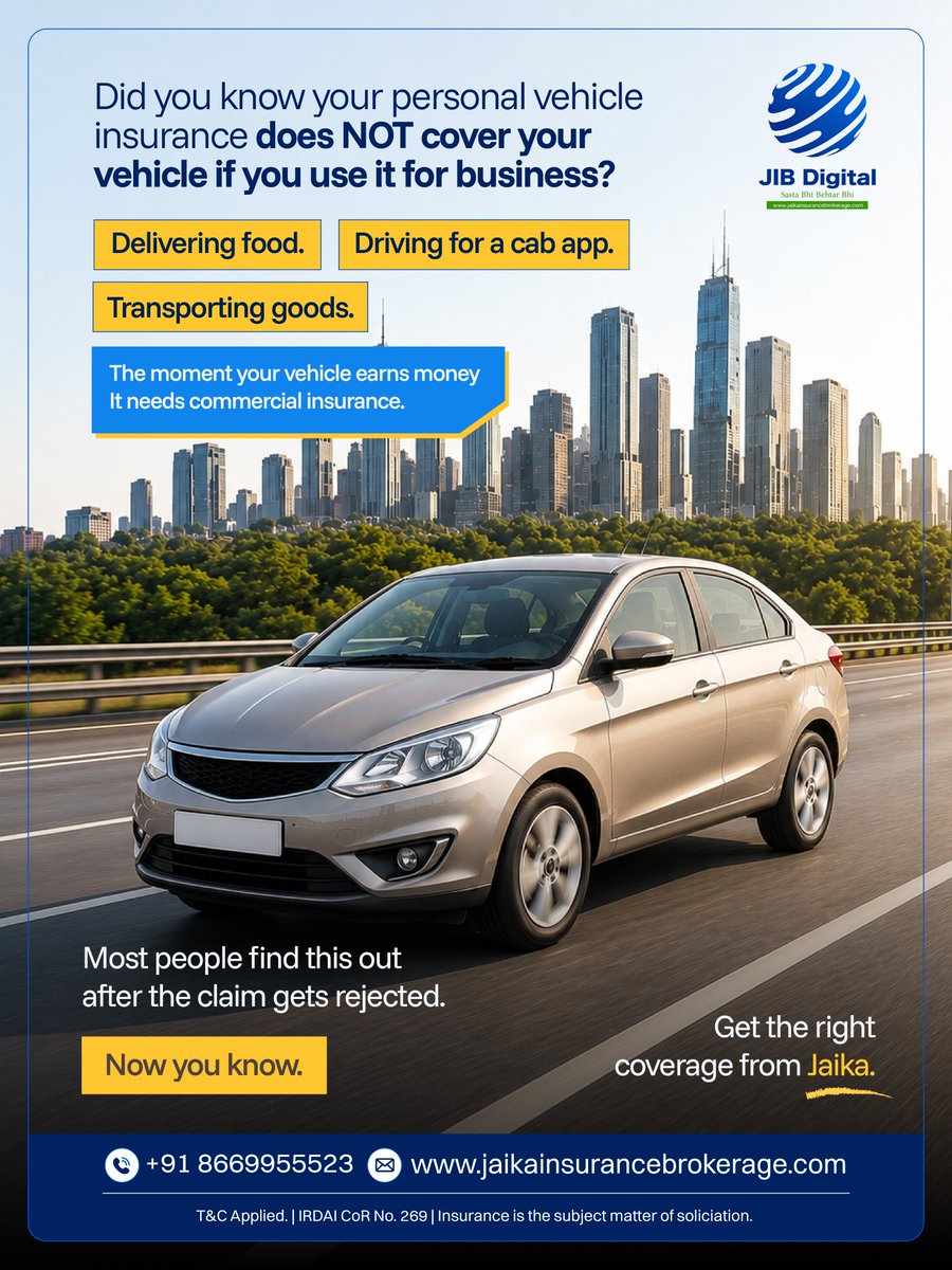 JaikaInsurance's tweet photo. Plot twist, your personal vehicle insurance doesn't cover your vehicle the moment it starts earning money.
One accident. Claim filed. Rejected - commercial use.
Most people find this out the hard way.
Now you know.

Get the right coverage from Jaika.
📞 +91 8669955523 https://t.co/1PvFclc8NA